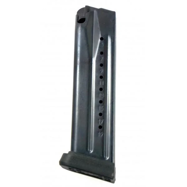 ProMag Springfield XDM Magazine, angled view of blued steel magazine with witness holes