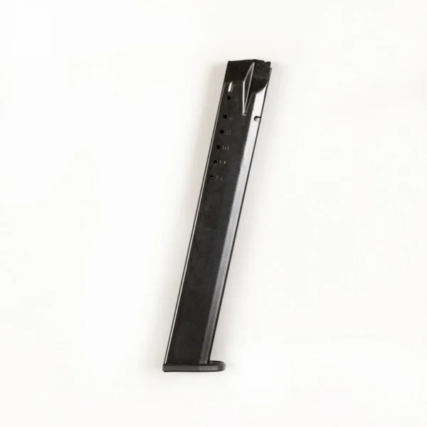 Promag S&W SD40 handgun magazine, black angled side view with witness holes and extended body
