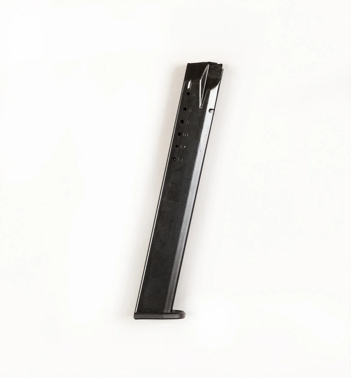 promag-sw-sd40-handgun-magazine-primary Promag S&W SD40 handgun magazine, black angled side view with witness holes and extended body