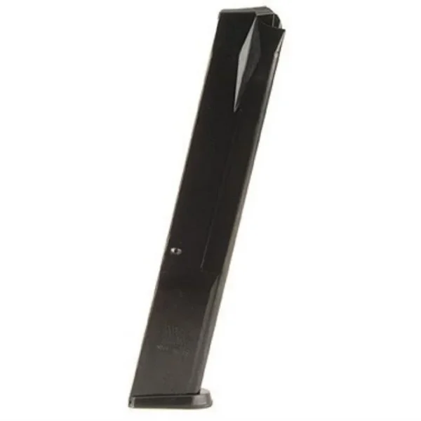 ProMag Springfield XD40 magazine, angled side view in black metal with extended body