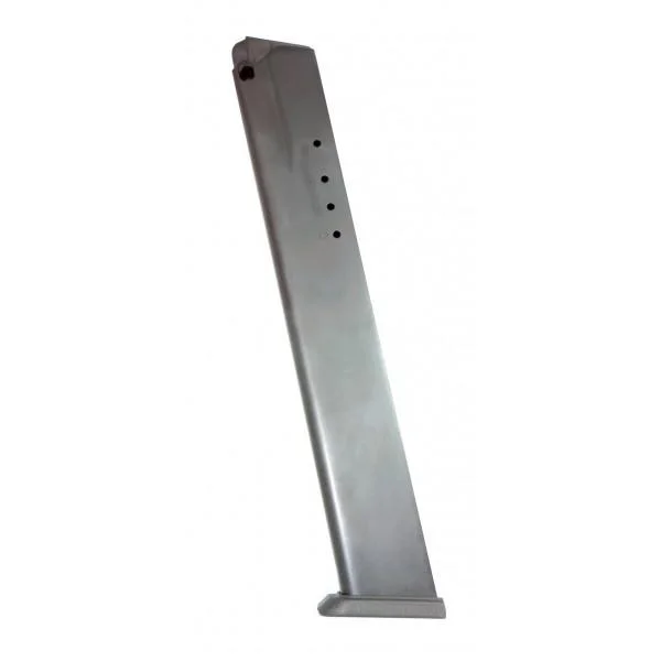 ProMag Springfield XDM magazine, blued steel angled side view with witness holes and baseplate