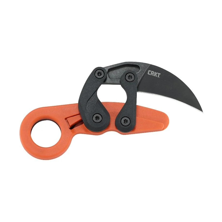 provoke-orange-kinematic-folding-karambit-primary CRKT Provoke Orange folding knife with black curved blade and orange ring handle