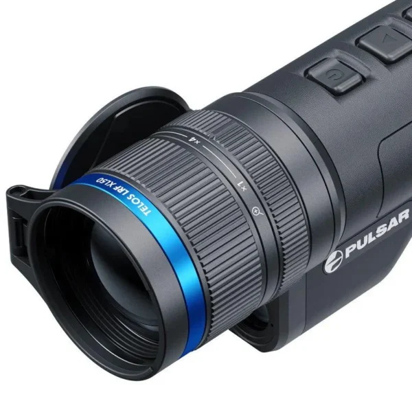 Pulsar Telos LRF XL50 Thermal Mono, angled front view with black lens housing and blue ring