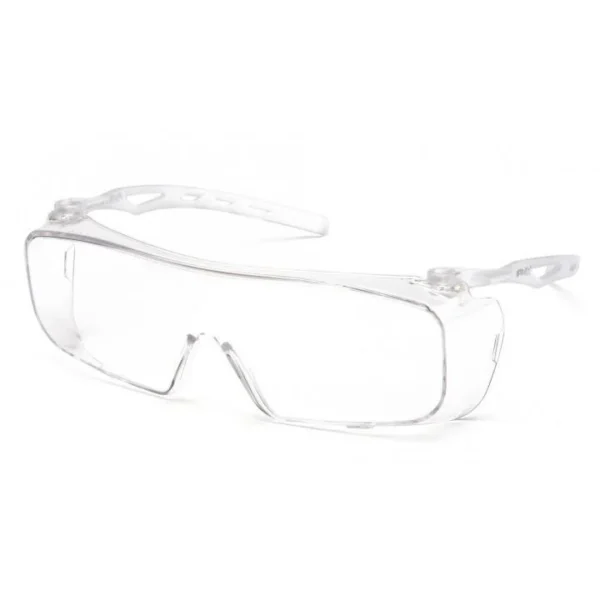 Pyramex Cappture Safety Glasses, clear frame and clear wraparound lenses in angled front view