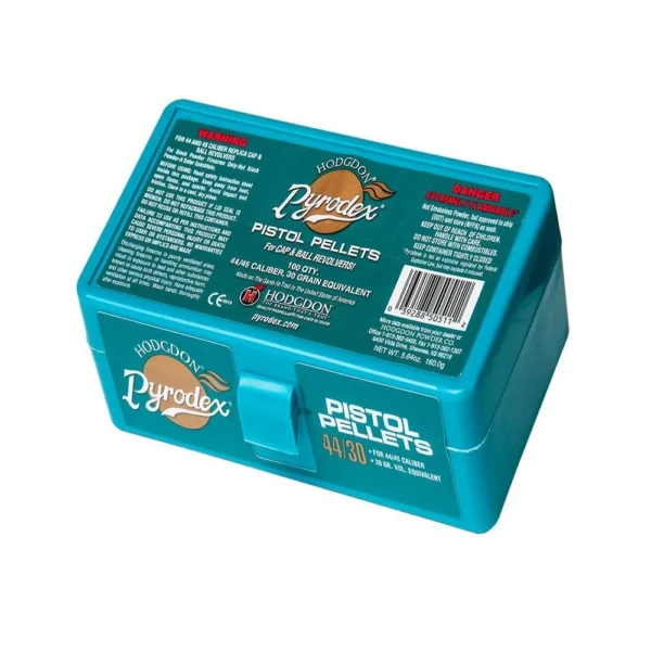 Hodgdon Pyrodex Pellets, teal plastic container shown at an angle with black product label