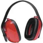 Howard Leight QM-24 DiElectric Multi-Position Earmuffs, red and black angled front view