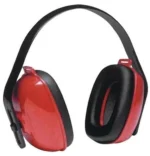 Howard Leight QM-24 DiElectric Multi-Position Earmuffs, red and black angled front view