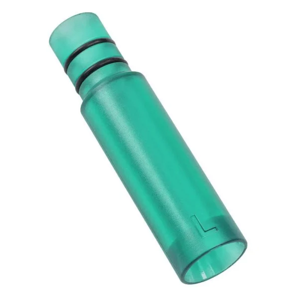 RCBS Quick Change High Capacity Drop Tube, translucent green angled view with two black O-rings