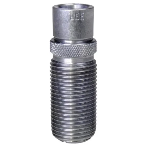 Lee Precision Quick Trim Pistol Die, silver threaded metal die with knurled collar