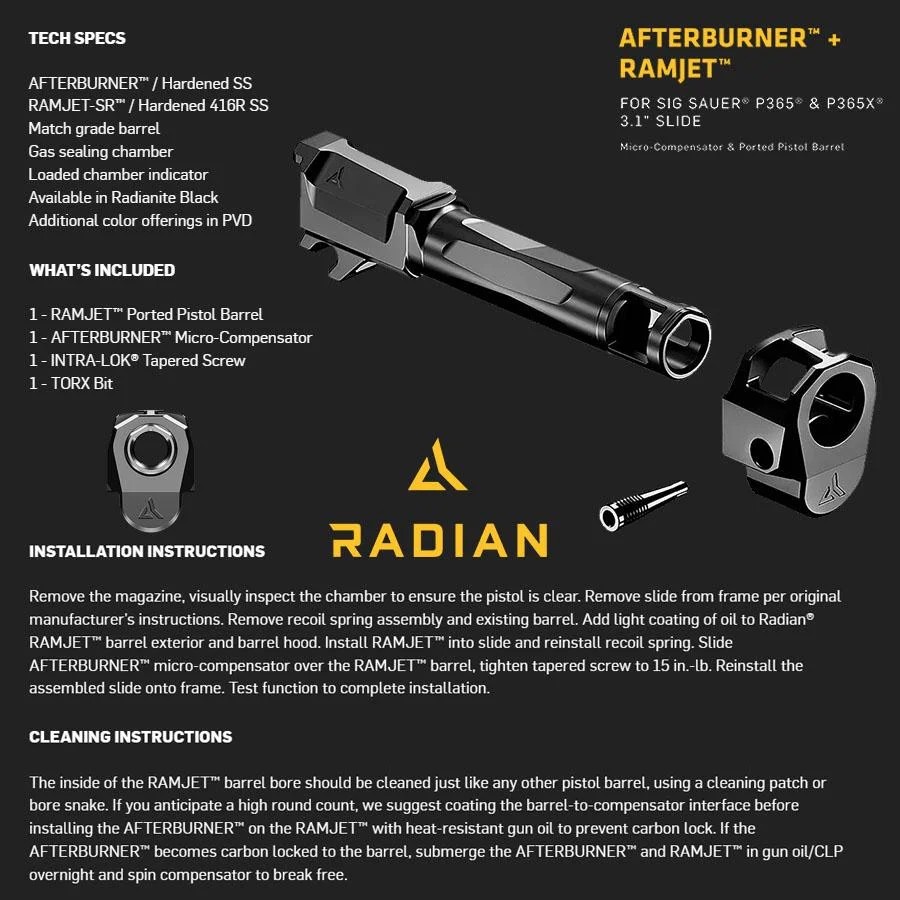 radian-afterburner-ramjet-sig-p365-primary Radian Afterburner Ramjet black barrel and compensator shown on an instruction sheet