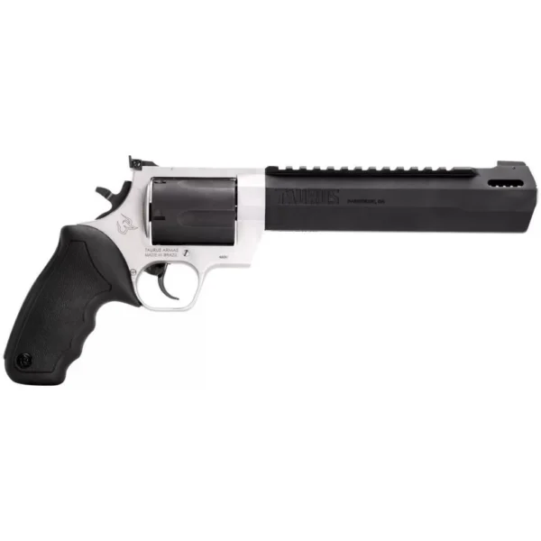 Taurus Raging Hunter Handgun, two-tone left-side view with black grip and long barrel shroud