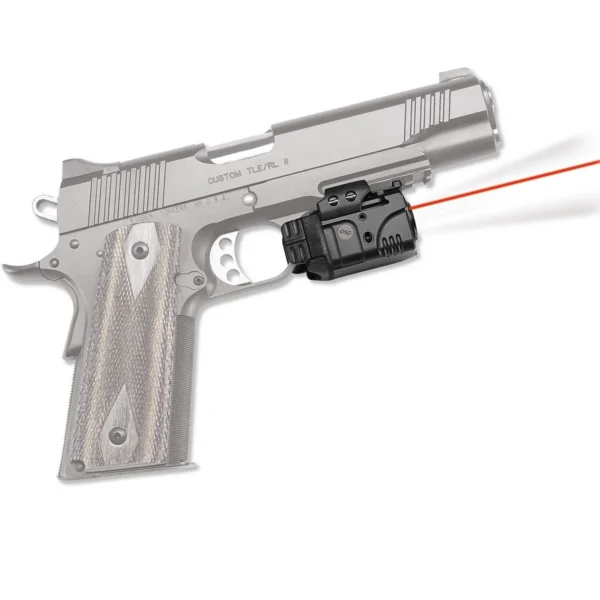 Crimson Trace Rail Master Pro, black laser and light mounted under a silver handgun barrel