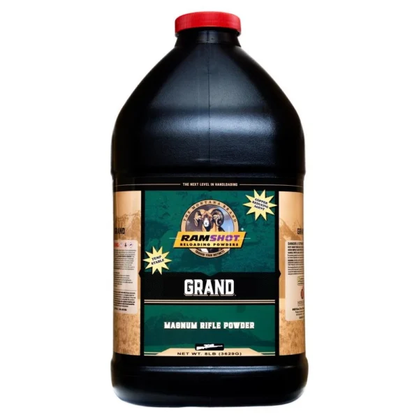 Ramshot Grand Rifle Powder black jug, front view with red cap and green label