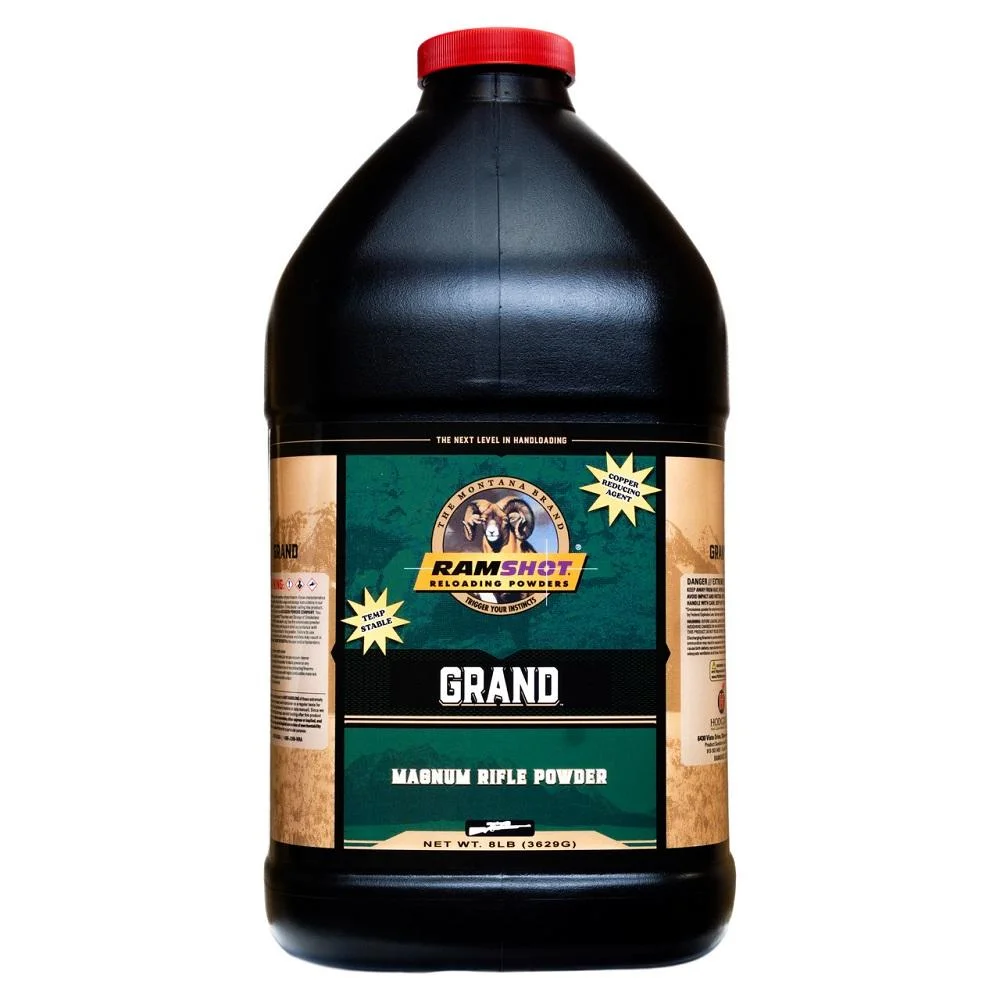 ramshot-grand-magnum-rifle-powder-primary-1 Ramshot Grand Rifle Powder black jug, front view with red cap and green label