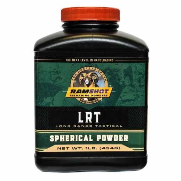 Ramshot LRT Rifle Powder, front view of black container with orange cap and green label