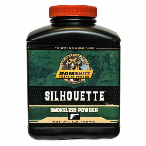 Ramshot Silhouette Handgun Powder 1 lbs, black bottle with orange cap and green front label