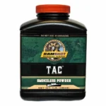 Ramshot Tac Rifle Powder, black rectangular bottle with red cap and green TAC label, front view