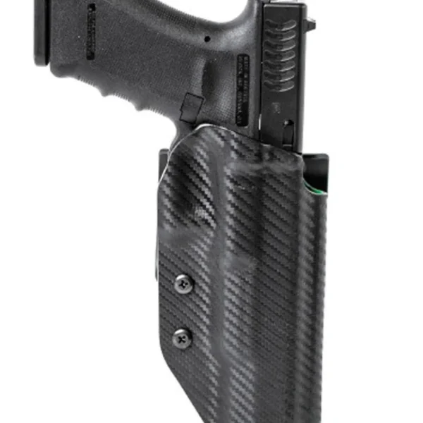 Michaels Of Oregon Range/Comp Holster, black textured left-hand holster holding handgun