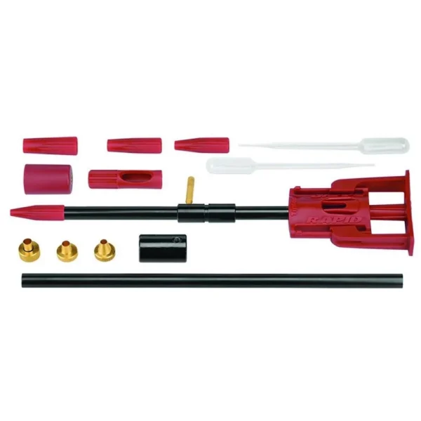 AOB Tipton Rapid Bore Guide Kit, red, black, white and brass components laid out