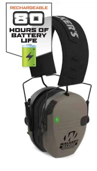 Walker's Razor Rechargeable Muff in flat dark earth, angled view with black headband