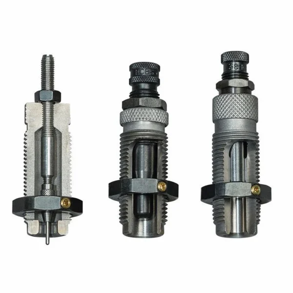 RCBS 3 Die Roll Crimp Set, front view of three silver and black reloading dies