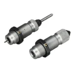 RCBS AR Small Base Die Set, two silver and black reloading dies in angled view