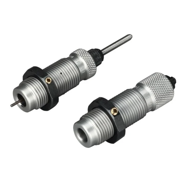 RCBS AR Small Base Die Set, two silver and black reloading dies in angled view