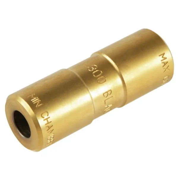 RCBS Chamber / Cartridge Length Gauge .300 AAC BLACKOUT, brass cylinder in angled view