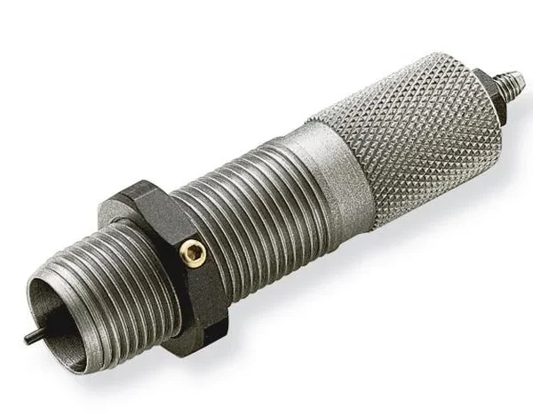 RCBS Decap Die angled view of silver metal die with threaded body and knurled top