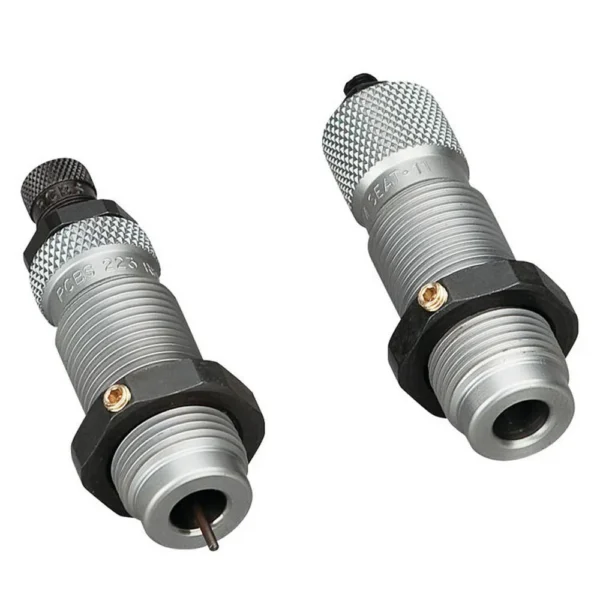RCBS Full Length Die Set Group G with two silver threaded dies and black locking rings