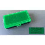 RCBS Impact Resistant Ammo Box, closed green plastic box with front latch