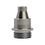 RCBS Matchmaster funnel powder die adapter, silver angled view with stepped body and threaded base
