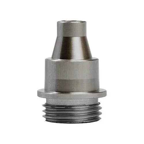 RCBS Matchmaster funnel powder die adapter, silver angled view with stepped body and threaded base