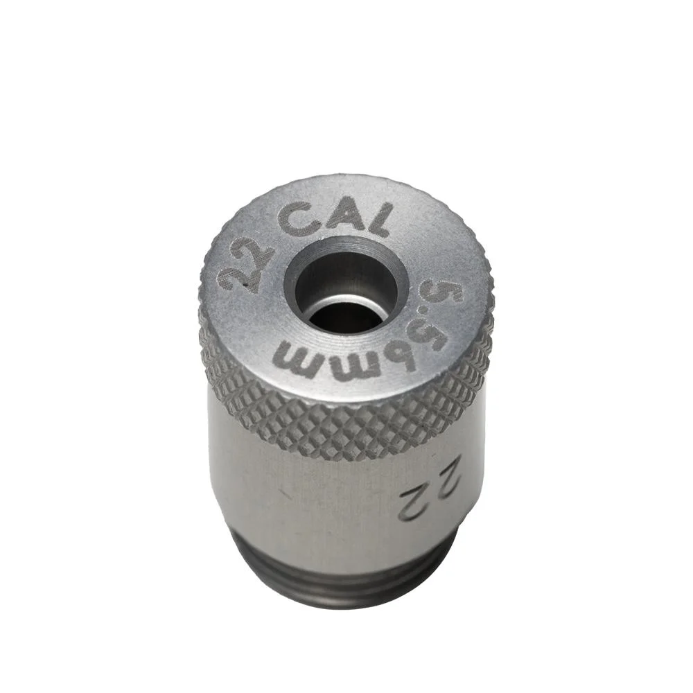 rcbs-matchmaster-powder-funnel-adapter-375-cal-primary RCBS Matchmaster Powder Funnel Adapter silver, angled top view with knurled edge