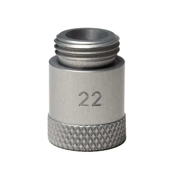 RCBS Matchmaster silver powder funnel adapter, angled view with threaded top and knurled base