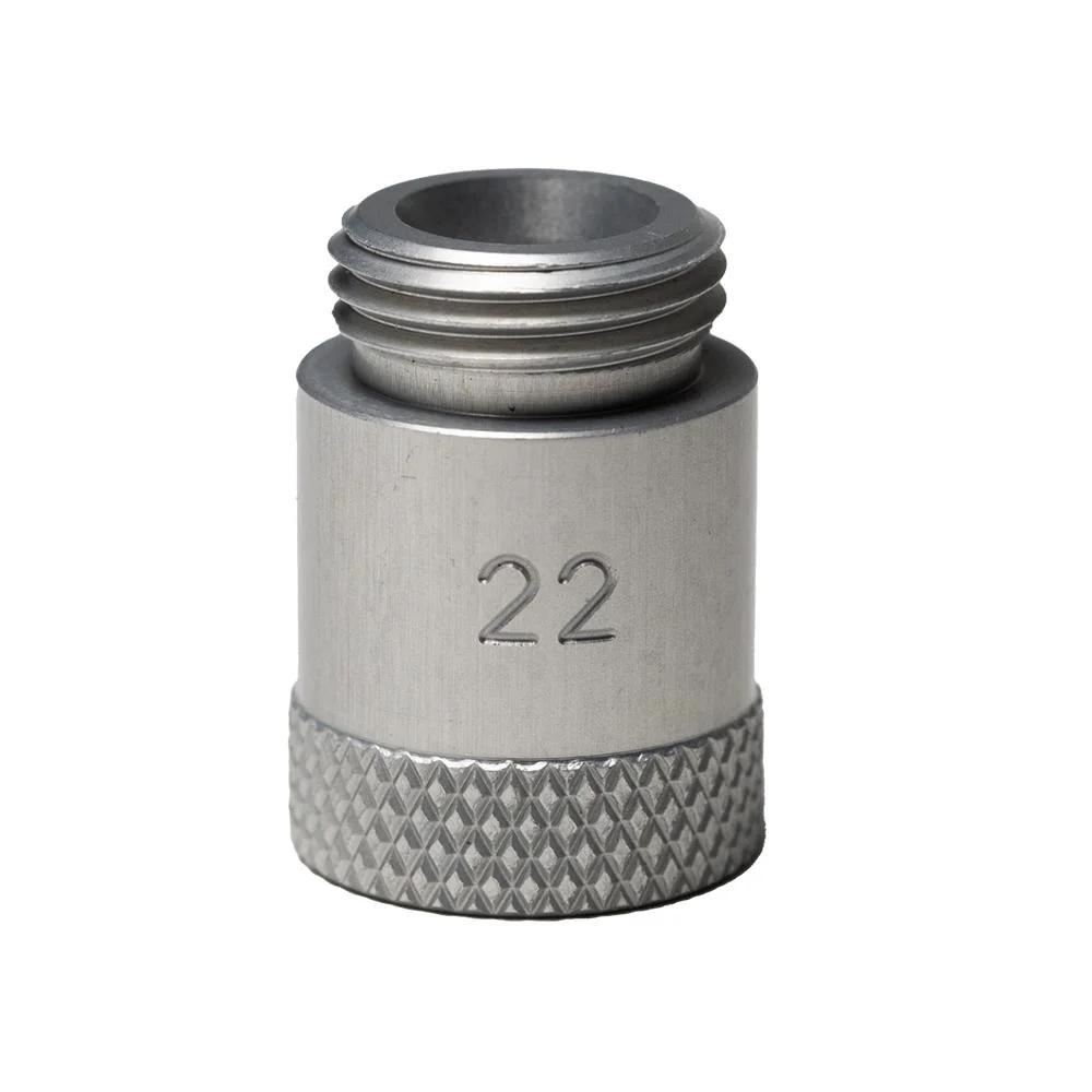 rcbs-matchmaster-powder-funnel-adapter-65mm-cal-primary RCBS Matchmaster silver powder funnel adapter, angled view with threaded top and knurled base