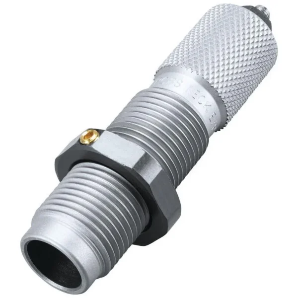 RCBS Neck Expander Die, angled view of silver threaded die with knurled top and black lock ring