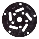 RCBS Pro Chucker 5 Shell Plate #16, top view of black circular plate with holes and slots