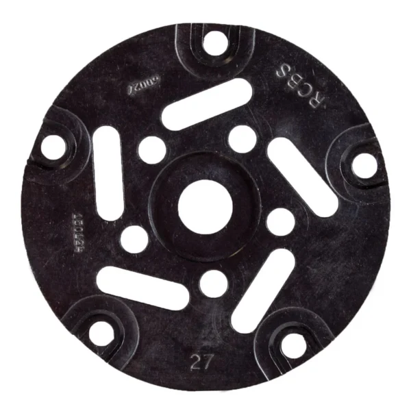 RCBS Pro Chucker 5 Shell Plate #16, top view of black circular plate with holes and slots