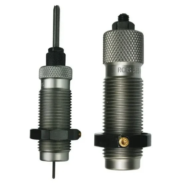 RCBS Small Base 2-Die Set, front view of two steel reloading dies with knurled caps