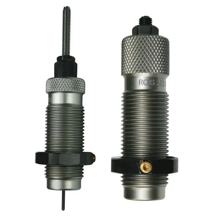 rcbs-small-base-2-die-set-22-arc-ar-series-primary RCBS Small Base 2-Die Set, front view of two steel reloading dies with knurled caps