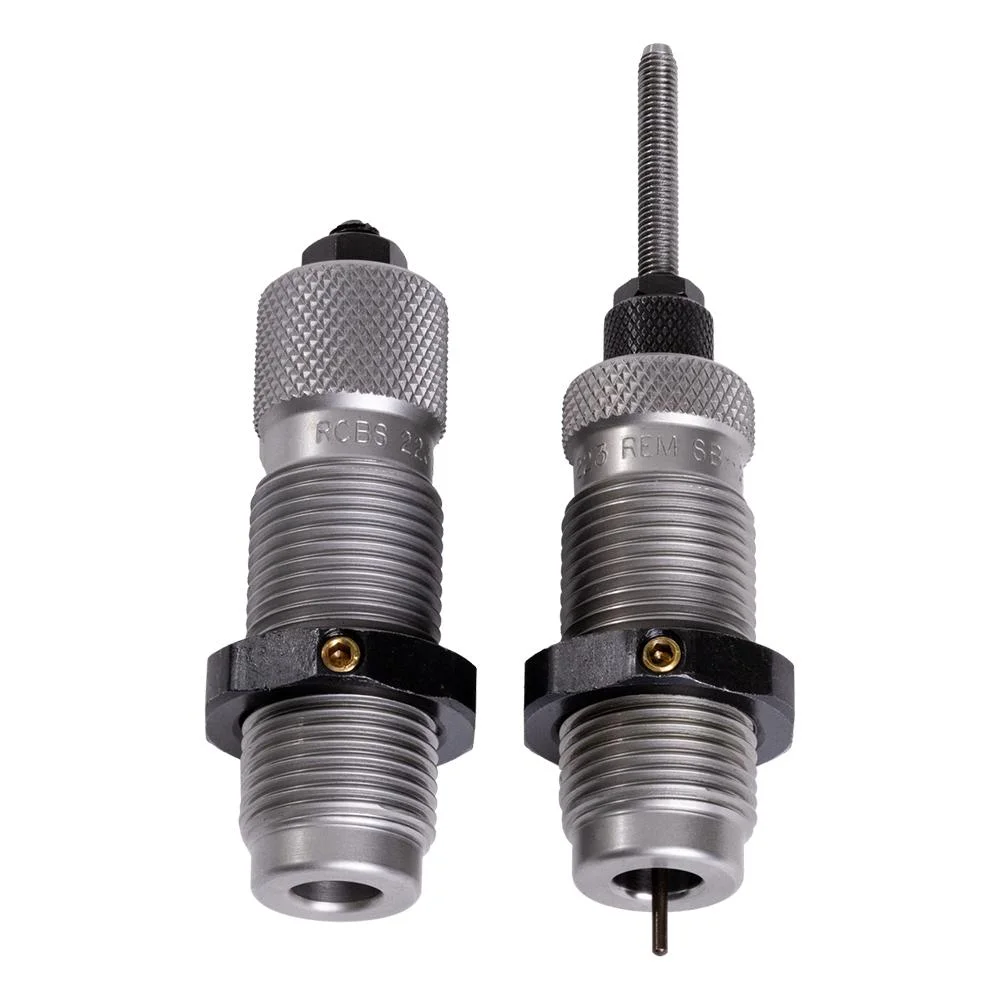 rcbs-small-base-die-set-30-06-sprg-primary RCBS Small Base Die Set, front view of two silver dies with knurled adjustment caps
