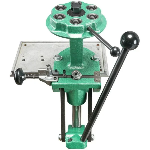 RCBS Turret Press, green press with rotating turret and black handle, front view
