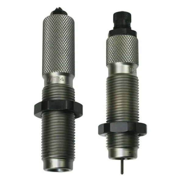 RCBS X Die Full Length Die Set, front view of two silver and black threaded dies