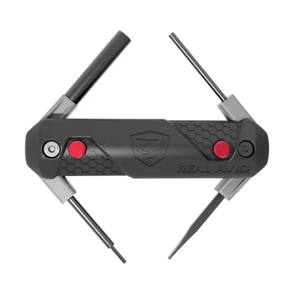 Real Avid 4-in-1 Tool For Glock, black folding tool open with four implements and red buttons
