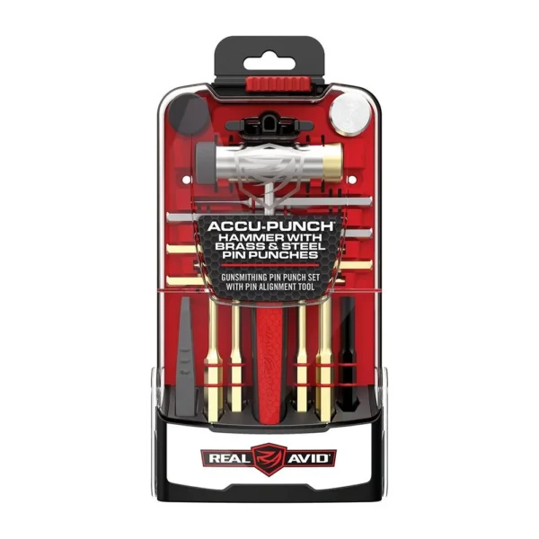 REAL AVID ACCUPNCH HMMR PIN PNCH SET with hammer and brass punches in clear-front case