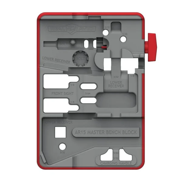 Real Avid AR15 Master Bench Block, top view of gray block with red border and cutouts