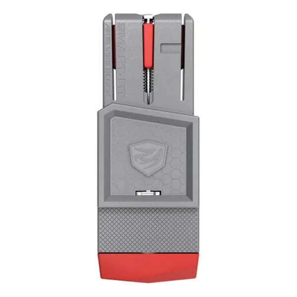 REAL AVID SMART-FIT AR15 VISE BLOCK, gray and red vise block shown from the front