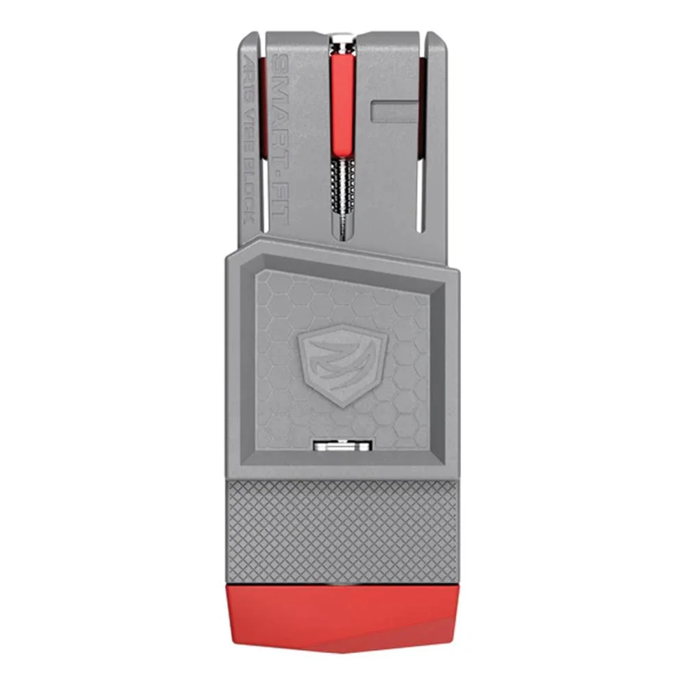 real-avid-ar15-vise-block-primary REAL AVID SMART-FIT AR15 VISE BLOCK, gray and red vise block shown from the front