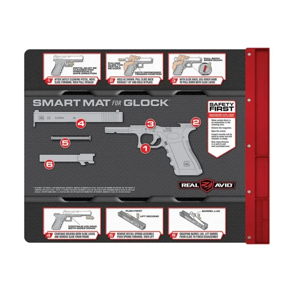 Real Avid For Glock Smart Mat, black and red mat with pistol diagram and printed instructions